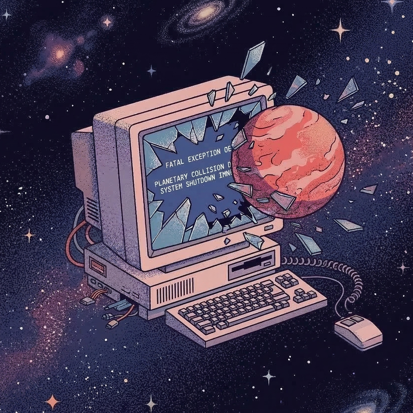 A planet emerging from a retro CRT screen